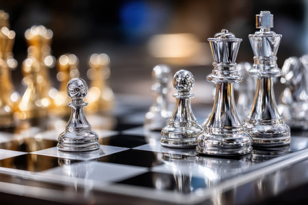 Silver and gold chess pieces on a chessboard, closeupの写真素材