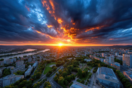 Aerial cityscape bathed in the warm glow of a vibrant sunsetの写真素材