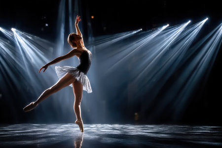 A ballerina performs an arabesque on a dark stage illuminated by spotlightsの写真素材