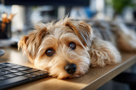 A small, fluffy dog lies on a desk next to a keyboardの写真素材