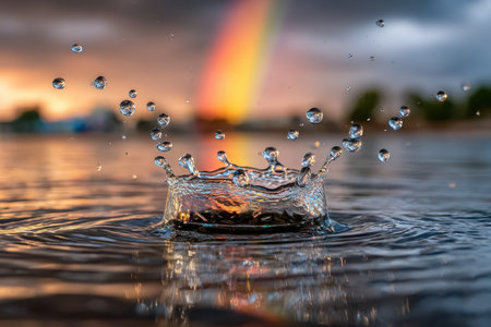 A water drop splashes in a puddle, creating ripples with a rainbow in the backgroundの写真素材