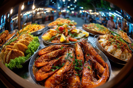 Closeup of various cooked food dishes at a night marketの写真素材