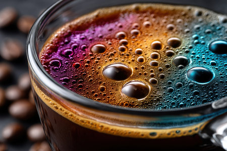 Closeup of colorful foam on a dark coffee beverage in a glass cupの素材