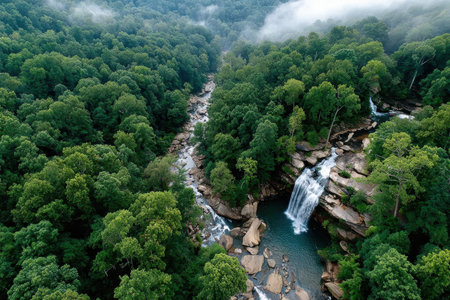 A misty waterfall cascades into a pool surrounded by lush green forestの写真素材