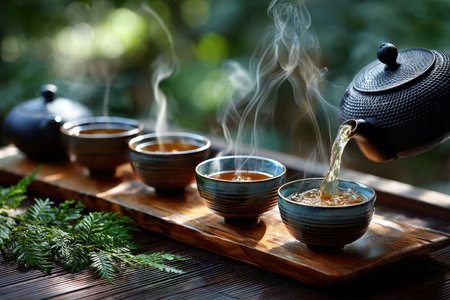 Steaming tea being poured from a teapot into small cups on a wooden trayの写真素材