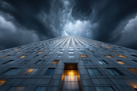 Dark clouds fill the sky over a skyscraper, highlighting illuminated windows as night approaches.の写真素材