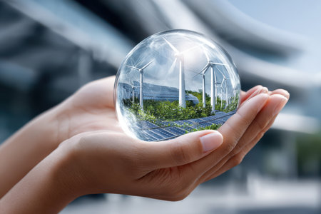 Hands gently cradle a crystal sphere showing wind turbines and solar panels reflecting eco-friendly technology.の写真素材