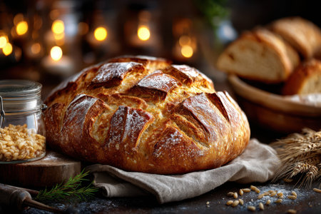 A round loaf of bread sits on a table with wheat and a jar of grainsの写真素材