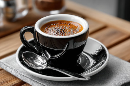 A black coffee cup with frothy coffee sits on a saucer with a spoonの写真素材