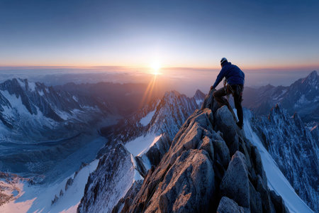 A climber stands on a snowy mountain peak at sunriseの写真素材