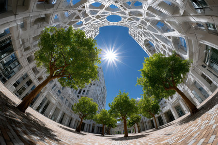 Fisheye lens captures a modern white building with trees in a courtyardの写真素材