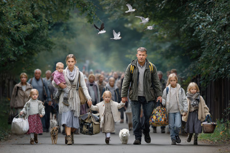 A family walks with their children, guiding a crowd through a dense forest, carrying bags and a dog.の写真素材