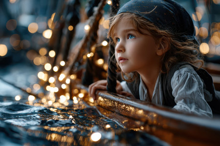 Child with curly hair and a scarf looks thoughtfully at the water from a boat adorned with lights.の写真素材