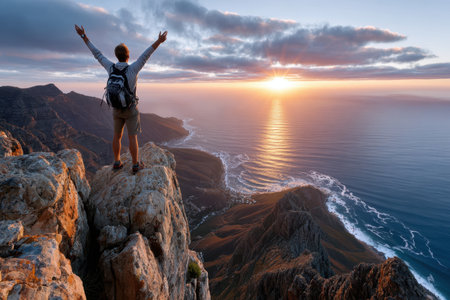 A hiker stands on a mountain peak overlooking the ocean at sunsetの写真素材