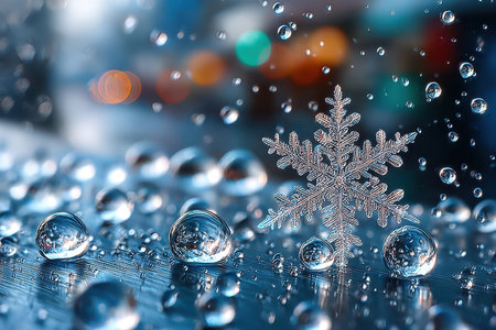 A close-up shot of a snowflake on a window, with a cold, tranquil mood, shot with a macro lens, capturing the unique beauty of winterの写真素材
