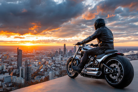 Motorcyclist on a bike enjoys a sunset cityscape viewの写真素材