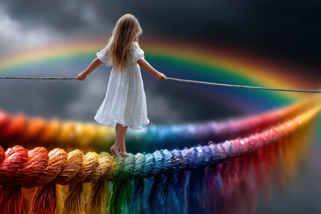 A child in a white dress balances on a vibrant rope bridge with a rainbow above, creating a dreamy atmosphere.の写真素材