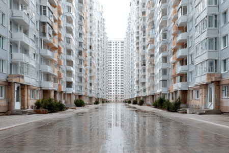 Rain-soaked pavement creates reflections between modern residential buildings in a quiet urban area.の写真素材