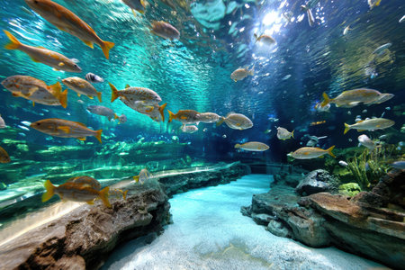 Various fish swim in a large, clear aquarium tankの写真素材