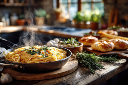 Steaming hot pasta dish served in a rustic kitchen settingの写真素材