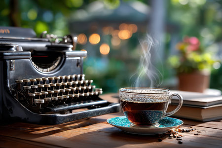 A steaming cup of coffee next to a typewriter, under soft morning light, shot with a vintage lens, evoking a sense of inspiration and creativityの写真素材