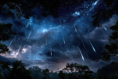 Meteor shower streaks across a starry night sky over a silhouetted forestの写真素材