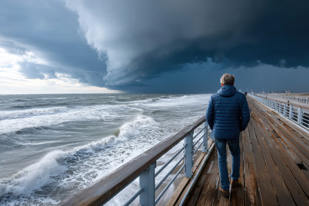 A man standing on a pier, gazing at a stormy sea under a brooding sky, shot with a telephoto lens, portraying the struggle against the elements, ultrarealistic photo --ar 3:2 --raw --profile nk3i4wf --stylize 250 --v 7 Job ID: 58bc63bd-2def-4a25-acd4-d89169831e8fの写真素材