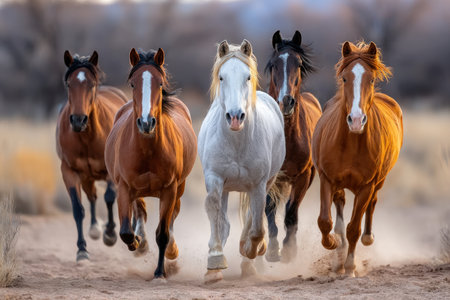 Several horses run together across a dusty fieldの写真素材