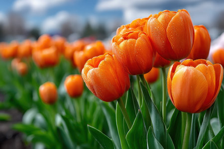 Closeup of several vibrant orange tulips with dew drops in a fieldの写真素材