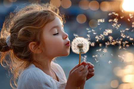 A young child blows on a dandelion, scattering the seeds into the airの写真素材
