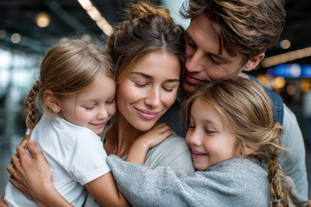 Parents embrace their two daughters in a heartfelt reunion at the airport, sharing smiles and warmth.の写真素材