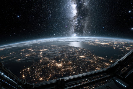 Captivating view of Earth's illuminated cities under a starry sky from a spacecraft's perspective.の写真素材