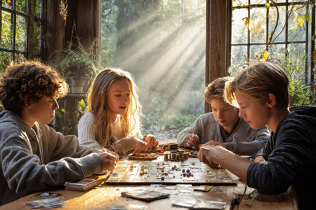 Four children gather around a wooden table, engaged in a board game while sunlight beams through the windows.の写真素材