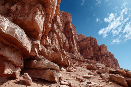 Massive rock formations rise dramatically against a bright blue sky in a serene desert environment.の写真素材