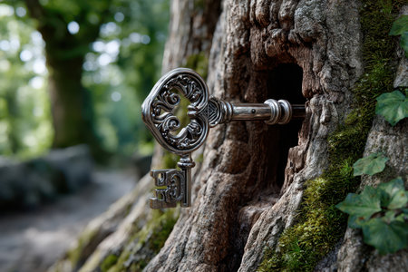 A vintage key is lodged in the hollow of an ancient tree, surrounded by greenery and sunlight filtering through leaves.の写真素材