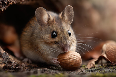 A tiny mouse is grasping a hazelnut with its paws while nestled by a tree trunk, surrounded by dry leaves.の写真素材