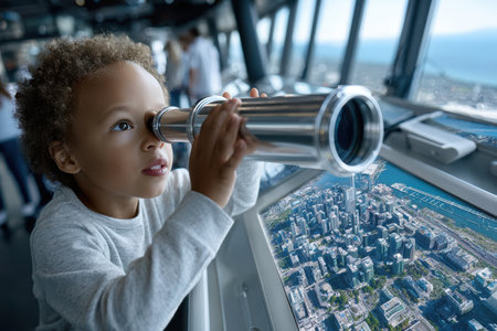 Young child looks through telescope at a bustling cityscape from a high observation deck.の写真素材