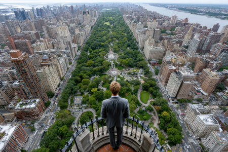 A person stands on a rooftop looking out over Central Park in New York City, appreciating the greenery.の写真素材