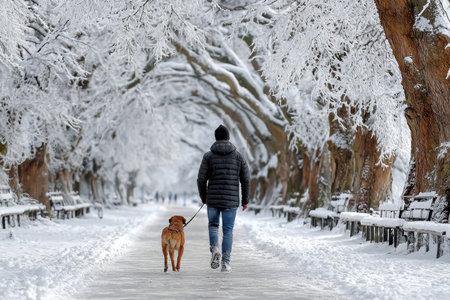 A person enjoys a winter stroll with a dog along a snow-covered pathway surrounded by frosty trees.の写真素材
