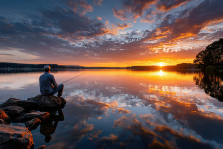 A person is fishing from a rocky shore at sunset, enjoying the peaceful lake and colorful sky.の写真素材