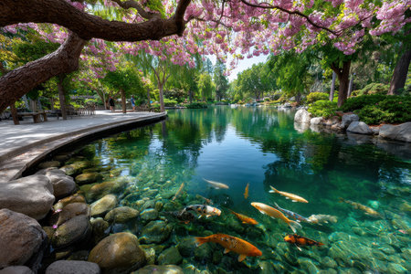 Koi fish swim in a clear pond in a tranquil Japanese garden Pink cherry blossoms hang over the waters edge, creating a peaceful sceneの写真素材