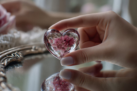 A hand holds a heart-shaped crystal featuring delicate flowers, set against a shiny surface and soft background.の写真素材