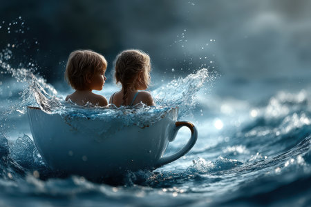 Two children play in a large teacup, splashing in the water while enjoying a playful summer day.の写真素材