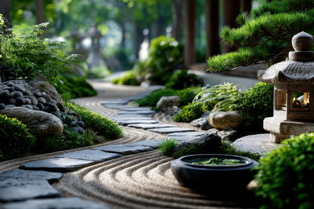 A tranquil Zen garden with a stone path, under soft morning light, shot with a tilt-shift lens, featuring a hidden Buddha statueの写真素材