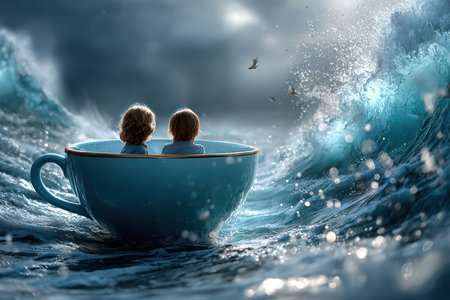 Two children sit in a giant teacup, amid towering waves and stormy skies, filled with wonder.の写真素材