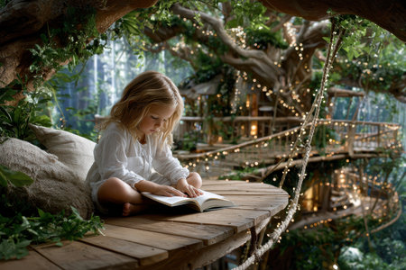 A young girl sits quietly on a wooden ledge, immersed in reading a book while surrounded by lush trees and lights.の写真素材