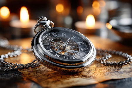 An elegant pocket watch on an aged map glows in flickering candlelight, creating a warm ambiance.の写真素材