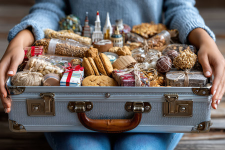A person holds an open vintage suitcase brimming with assorted homemade cookies and festive treats.の写真素材