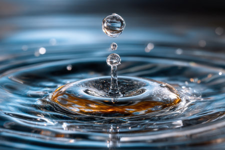 A close-up of a drop of water falling into a still pond, under bright, natural light, shot with a high-speed camera, capturing the fleeting moment of impactの写真素材