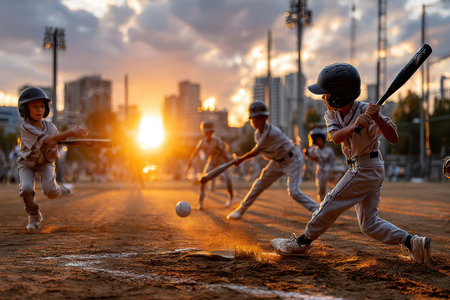 Children engage in a baseball practice session as the sun sets, casting a warm glow on the field.の写真素材